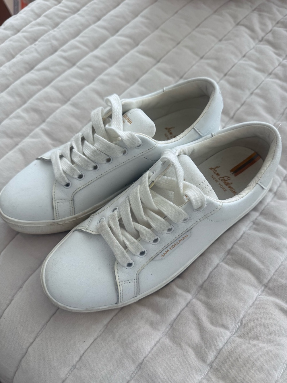 Sam Edelman White Leather Slip-On Sneakers with Tan Logo Detail